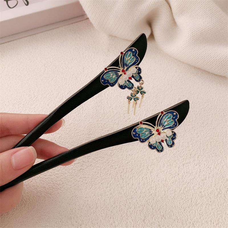 New Chinese Style Wooden Hairpin Ancient Wind Chime Orchid Exquisite Butterfly Hairpin Niche High-end Coiled Hair Flower Hairpin
