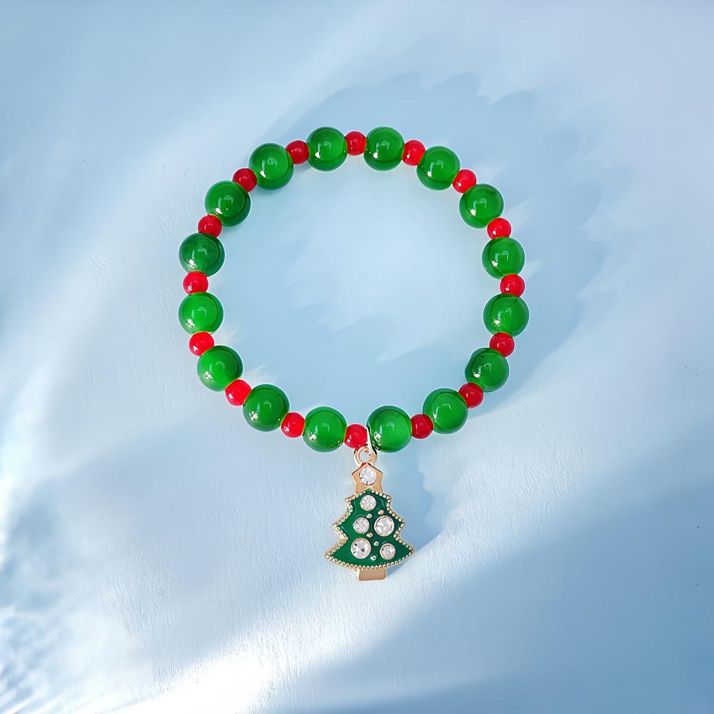 Snowflake & Christmas Tree Beaded Bracelet Set with Cartoon Pendants - Festive Alloy Accessories Gift