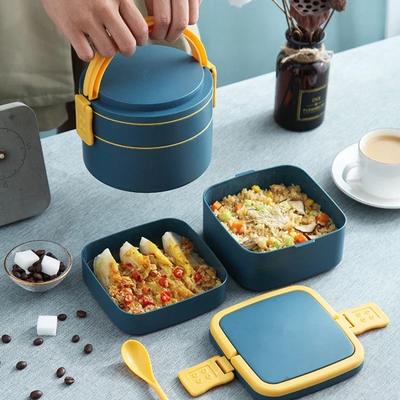 Handheld Double Bento Box Portable with Spoon Sealed Leak-proof Microwave Food Container for Students Office Workers Lunch Box