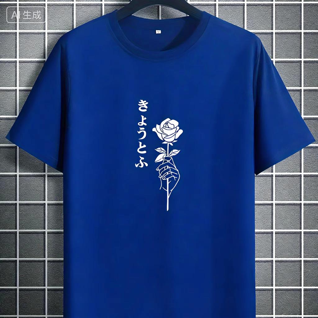 Summer Unisexs Adult American Style Rose Flower Print Cotton Breathable Shortsleeved Simple Tshirt Loose And Comfortable