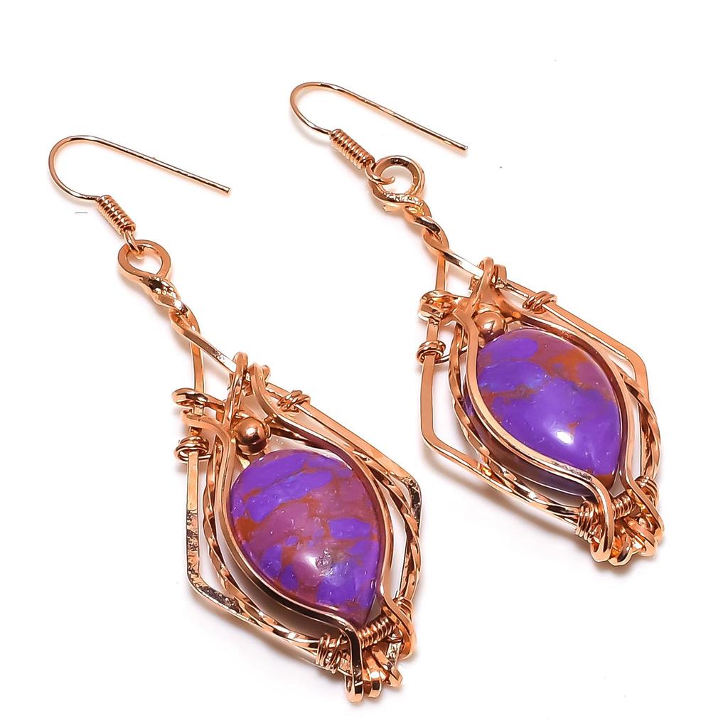 Purple Copper Turquoise Earrings, 999 Copper Wire Wrapped Jewelry, Gemstone Earrings, Gift For Her Handmade Dainty Jewelry