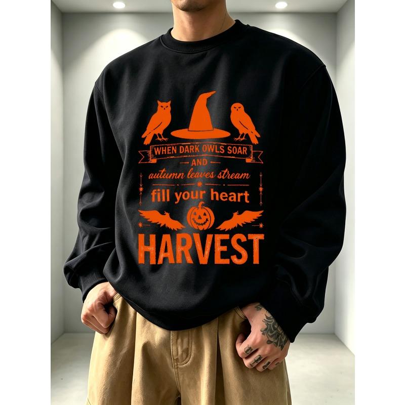 Men's Graphic Print Crew Neck Sweatshirt, Vintage Autumn Aesthetic, Halloween Pattern, Comfortable Everyday Streetwear, Casual Outdoor Apparel