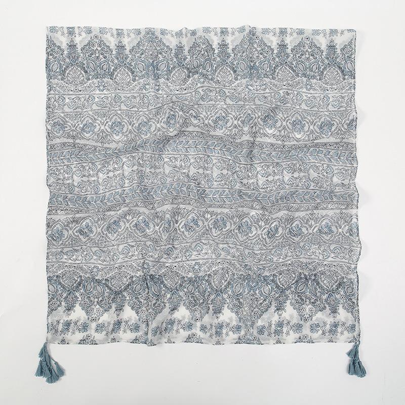 Spring and Autumn New Bali Yarn Tassel Retro Printed Geometric Scarf Versatile Fashion Travel Sunscreen Shawl Silk Scarf Women