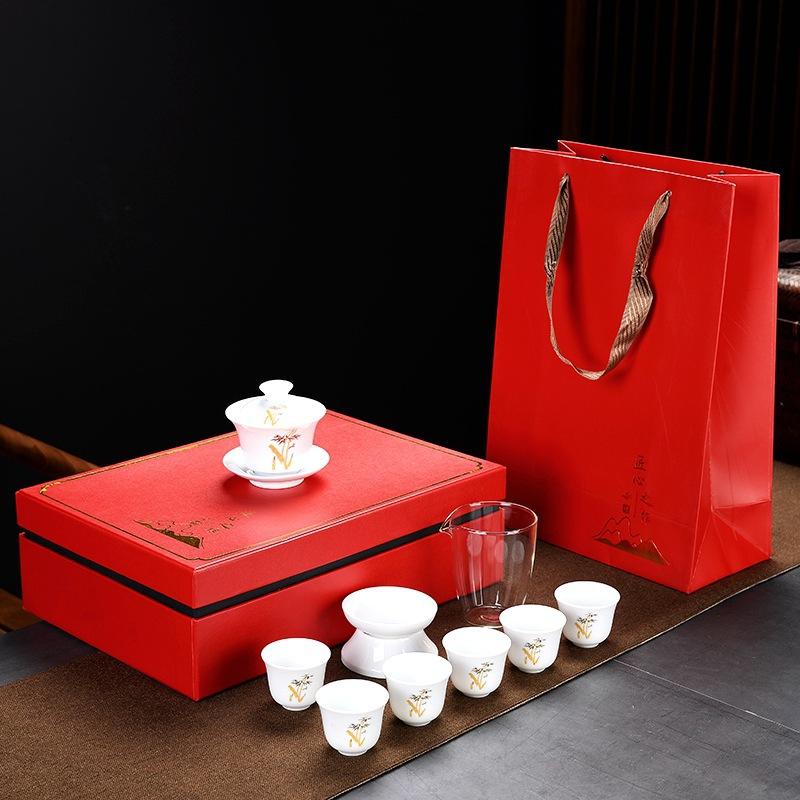 Household Kung Fu Tea Set High White Porcelain Blue and White Tea Set Business Gifts