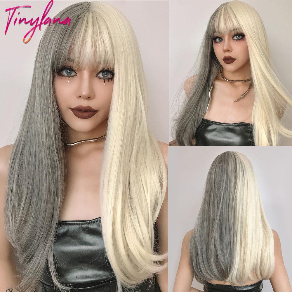 Long Straight Synthetic Wig with Bangs Dark Black Gray Hair Wigs for Women Cosplay Natural Hair Heat Resistant Layered Wigs