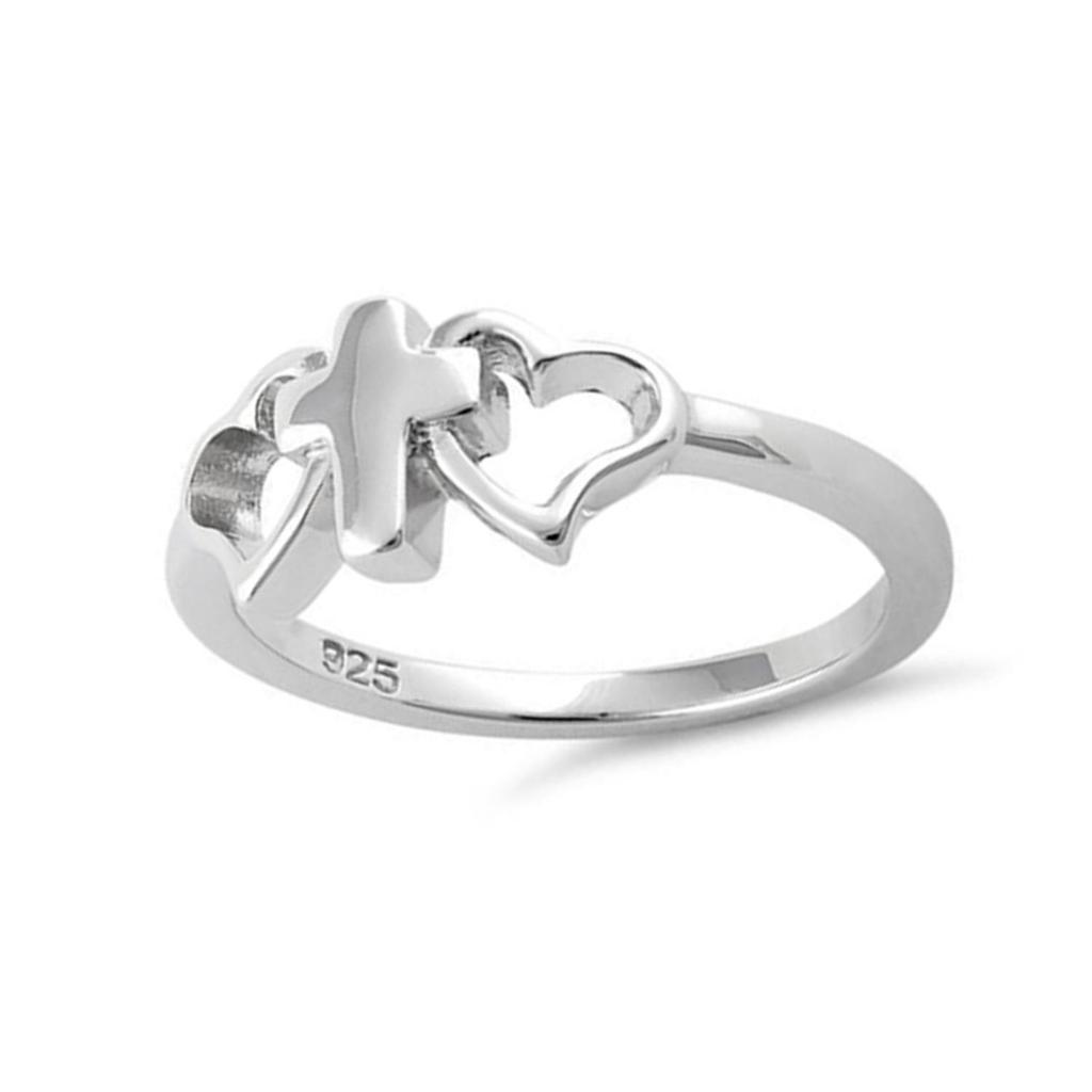 925 Sterling Silver Cross & Heart Women Ring