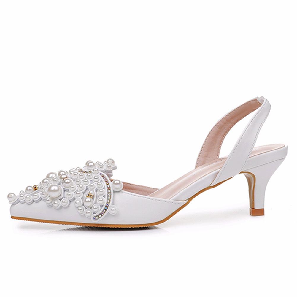 5cm New White Wedding Shoes Bridesmaid Shoes Women's Lace Shoes Fashion High Heels Pearl Pumps