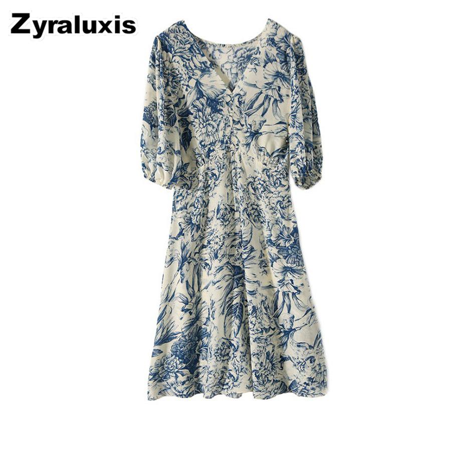 New Style Silk Dress Qinghua Porcelain Chiffon Dress Bubble Sleeve Ethnic Summer Women's Clothing