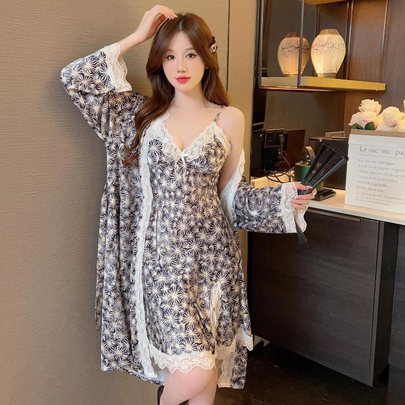 New ice silk pajamas female sexy with chest pads spring and summer lace pure desire wind with chest pads suspender two-piece set home