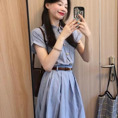 New French High-end Blue Striped Shirt Dress Children's Summer Temperament Waist Dress