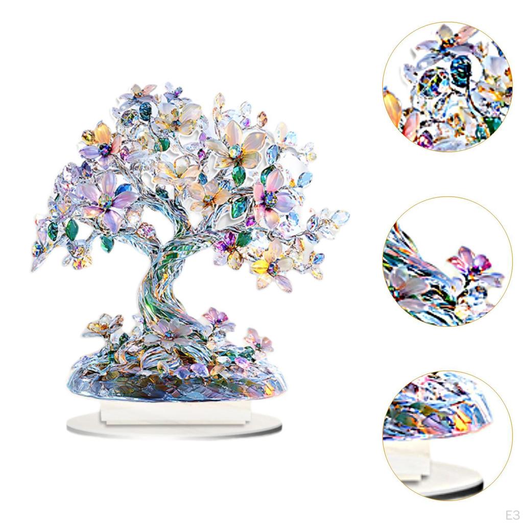 Akryl Livets Tre Ornament Skrivebordsdekor 2D Hjemmedekorasjon Samleobjekt med Base Bord