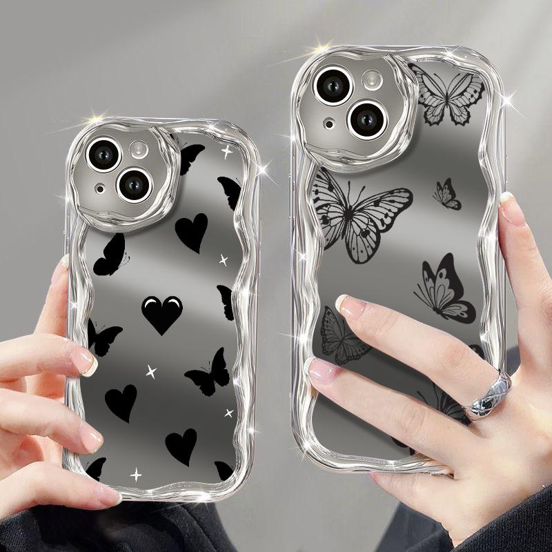 Glossy Plating Butterfly Love Heart Pattern Case For iPhone 15 14 Pro 13 Pro Max 12 11 Wave Frame Soft Shockproof Lens Protection Mirror Phone Cover