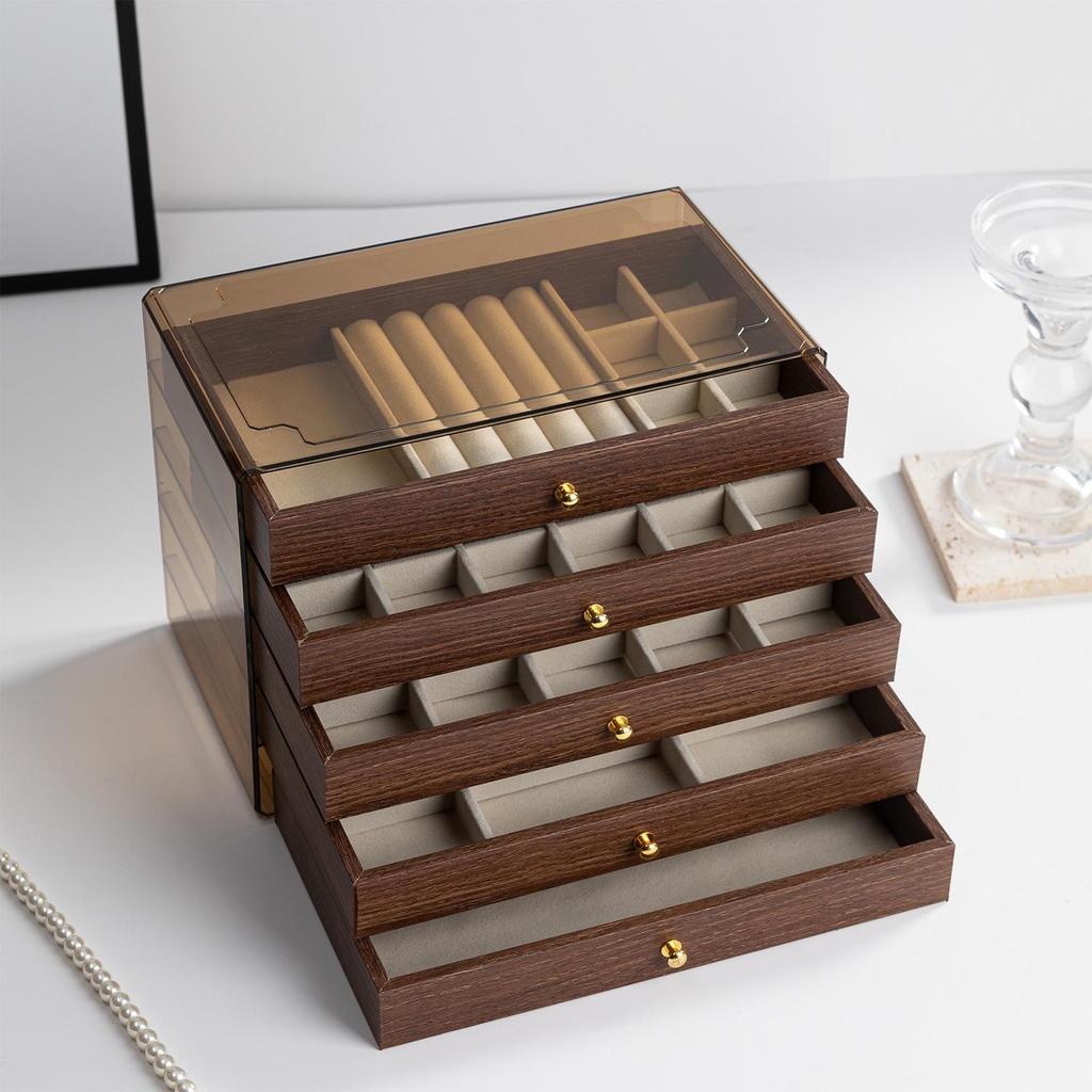 Antique Chinese Walnut Wood Multi-layer Jewelry Box with Drawers for Rings, Earrings, and Necklaces