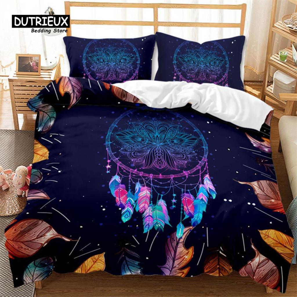 Traumfänger Bettbezug Set 2/3-teilig King Boho Bettwäsche Set Mikrofaser Federmuster Böhmischer Bettdeckenbezug mit Kissenbezügen