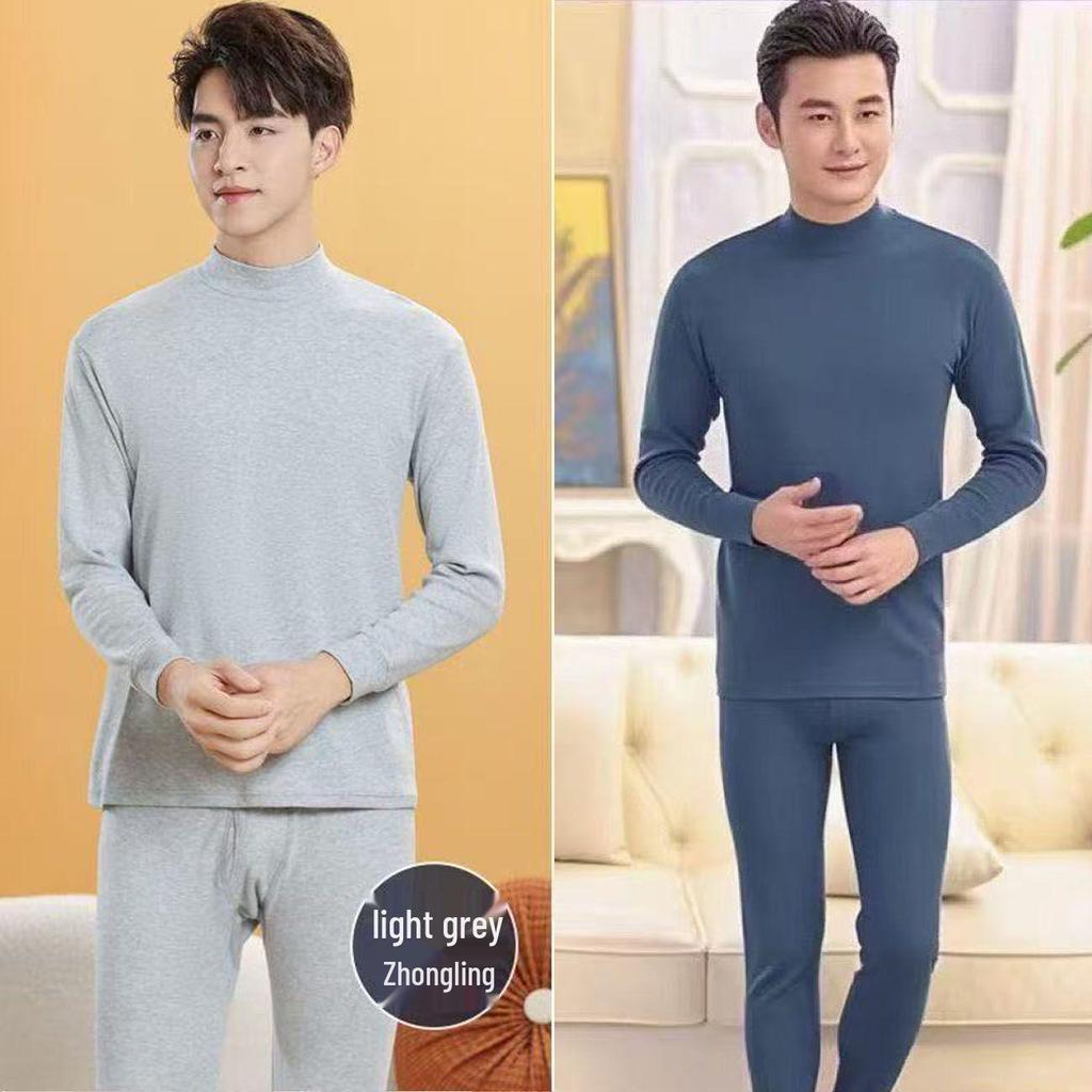 Men's Pure Cotton Thermal Underwear Set: High Neck Top & Bottoms for Cold Protection and Quick Warmth