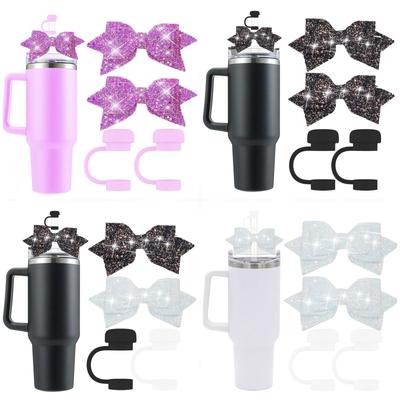 2 PCS Silicone Straw Cover For Cup With 2PCS Cute Glitter Bow Straw Toppers For Cup 30&40 Oz Straw Cover For Tumblers
