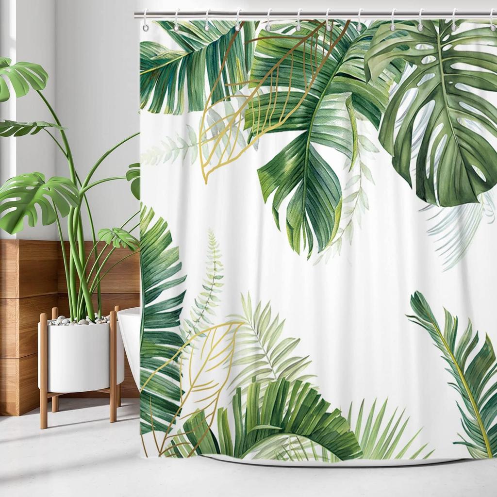 Tropical Leaves Shower Curtains, Palms Monstera Banana Leaf Green Plant Botanical Bathroom Curtains Bathtub Home Decor Machine