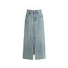 Vintage High Waist Denim Midi Skirt Split A-line Hip Wrap Casual Women
