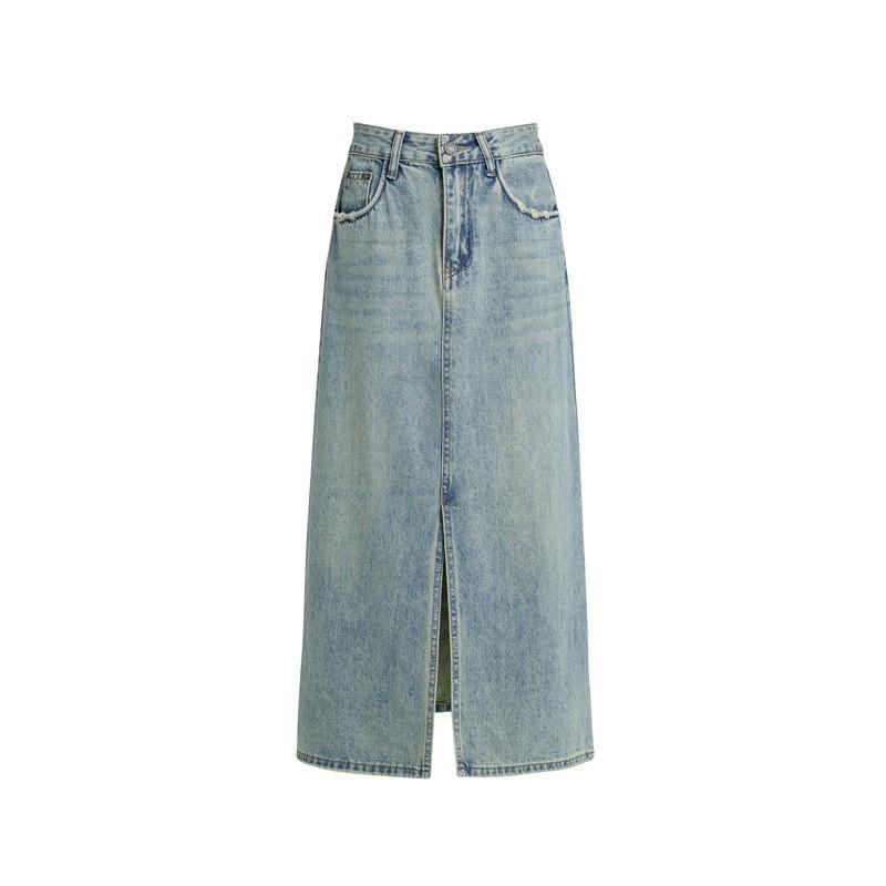 Vintage High Waist Denim Midi Skirt Split A-line Hip Wrap Casual Women