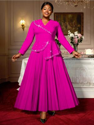 Elegant Women A Line DressTurn-Down Collar Beading Long Sleeve Patchwork Pleated Evening Party Wedding Guest Dress