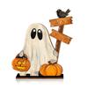 Halloween Decoration Wooden Pumpkin Ghostly Ornament Tabletop Wood Sign For Mantels Desk Shelf Holiday Party