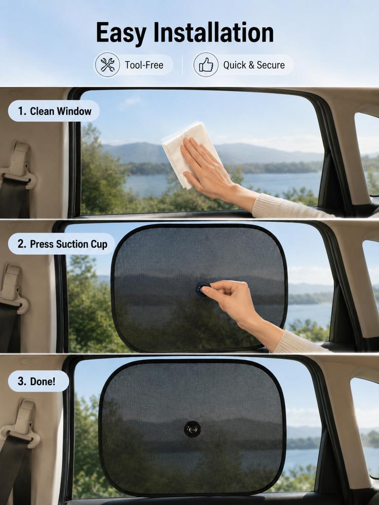 Universal Car Side Window Sunshade Suction Cup Mesh Curtain UV Protection Heat Insulation