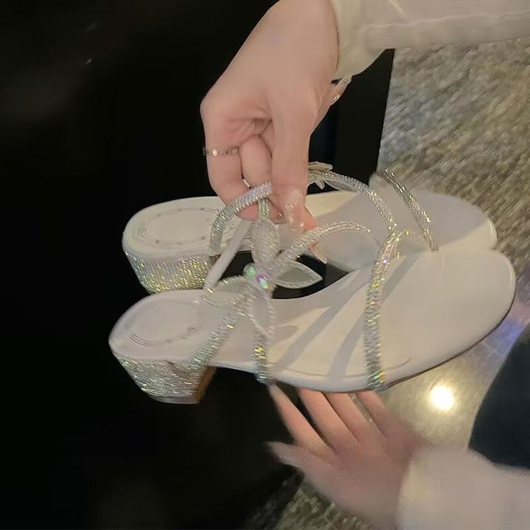 

Fashion Rhinestone Bow Strap High Heel Sandals Slippers 34
