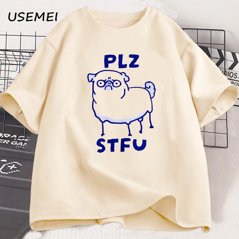 PLZ STFU Pug T Shirt Men Casual Short Sleeve Tee Shirt Meme Funny T-Shirt Vintage Drawing Racoon Animal Tshirt Streetwear Tees