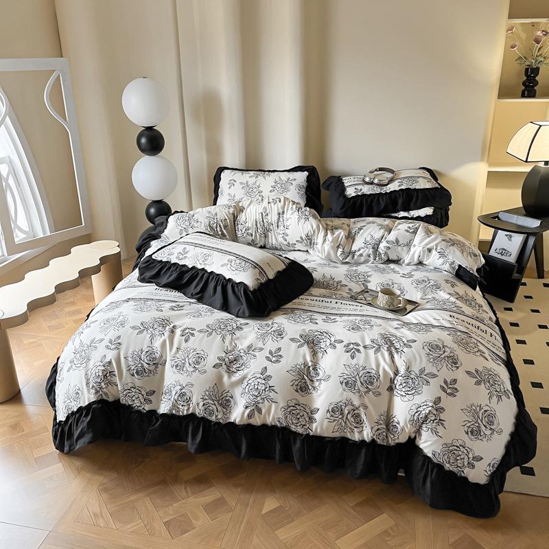Black Lace Princess Wind French Washed Cotton Four-piece Quilt Cover Quilt Cover Sheet