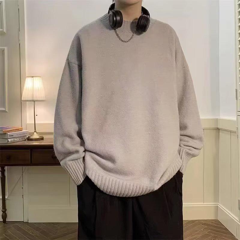 2026 Autumn/Winter Men's Casual Knit Sweater - Hong Kong Lazy Style, Youthful Pure Color Round Neck