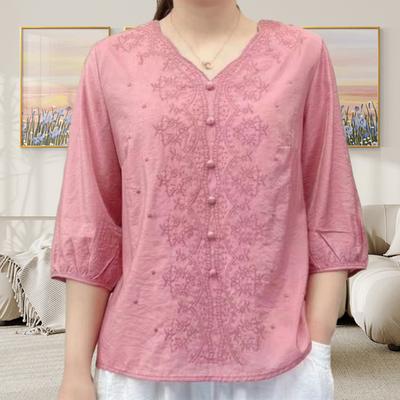 Damen-Shirt mit V-Ausschnitt, halbe Ärmel, Stickerei, Blumenmuster, lockere Passform, einfarbig