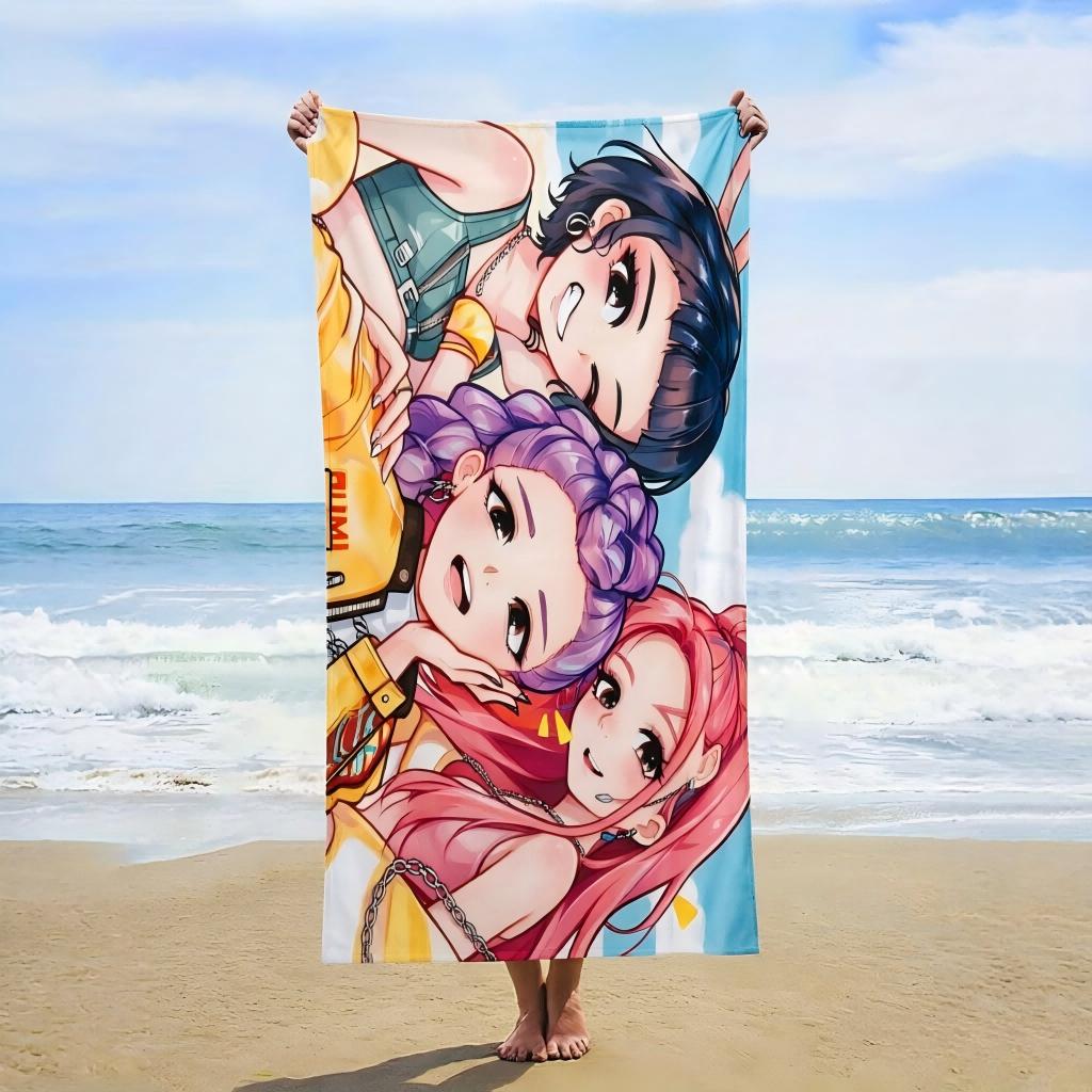 Cute Chibi Anime K-pop Girls Printed Beach Towel Bath Blanket Portable Decor Gift For Fans Kids Girls Pool Picnic Summer Travel
