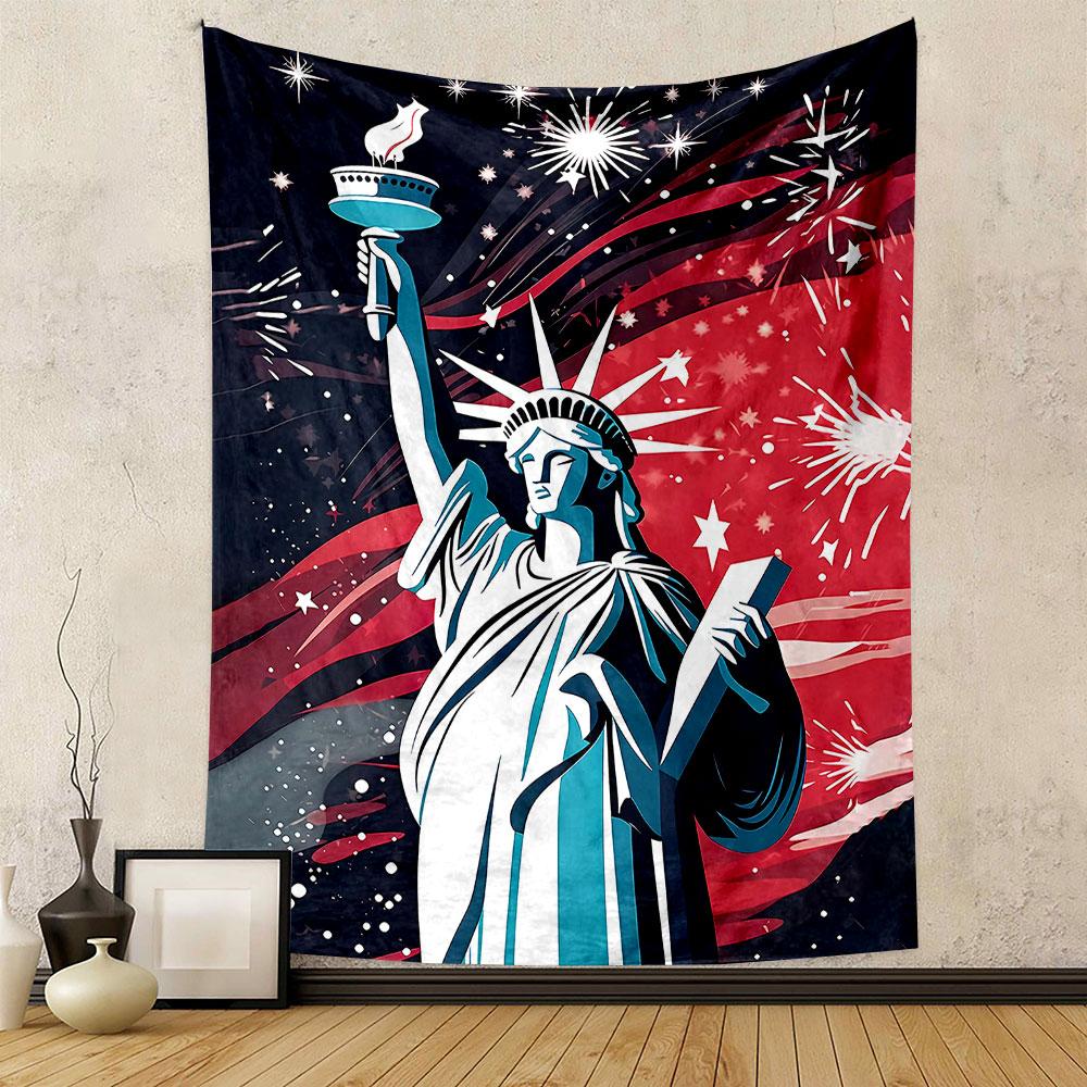 Statue of Liberty with Fireworks Background Patterned Tapestry Home Decor, Suitable for Bedroom and Living Room, Gift