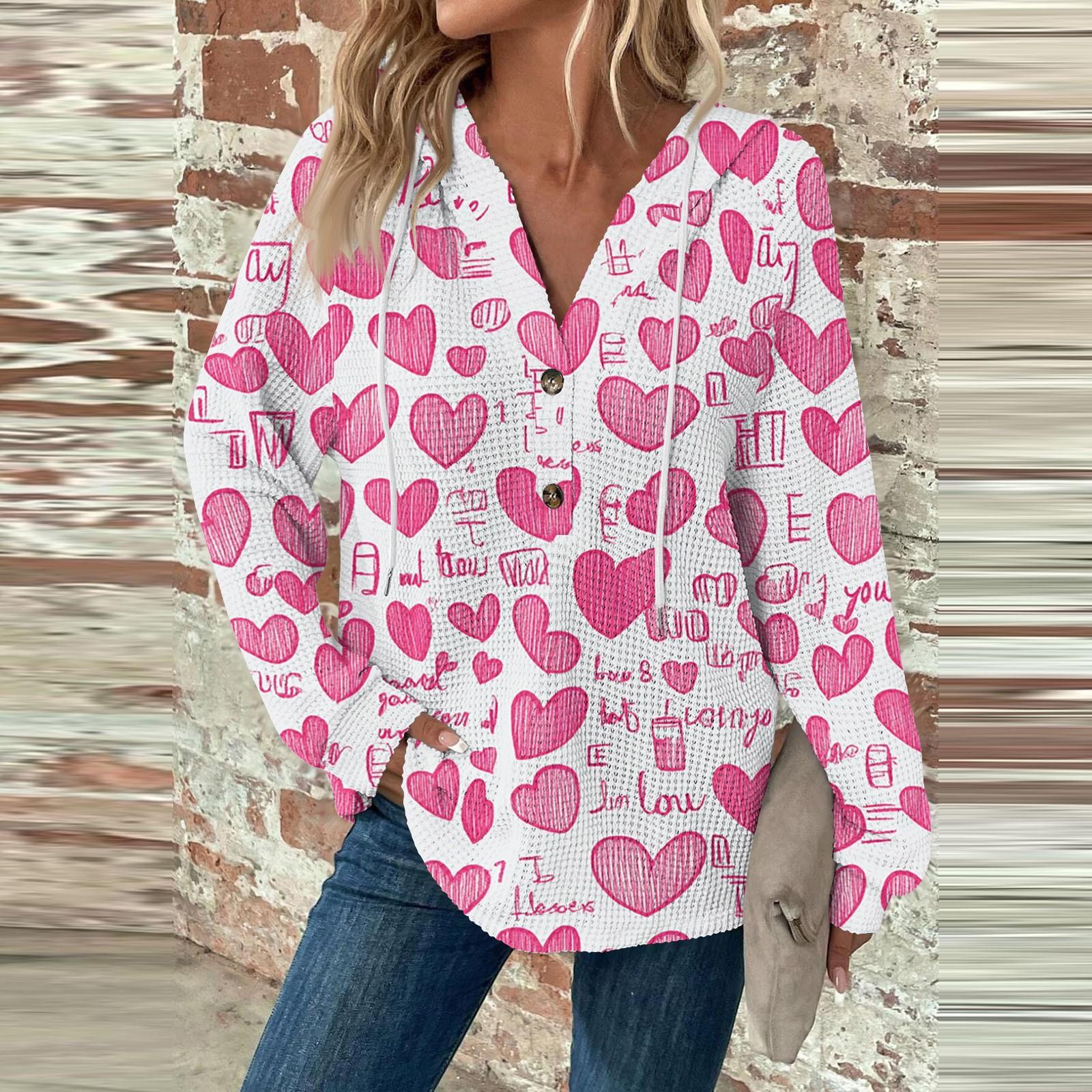 

Женский повседневный топ с длинным рукавом, пуговицами, V-образным вырезом, принтом ко Дню святого Валентина, затягивающимся шнурком и капюшоном XL арбуз красный