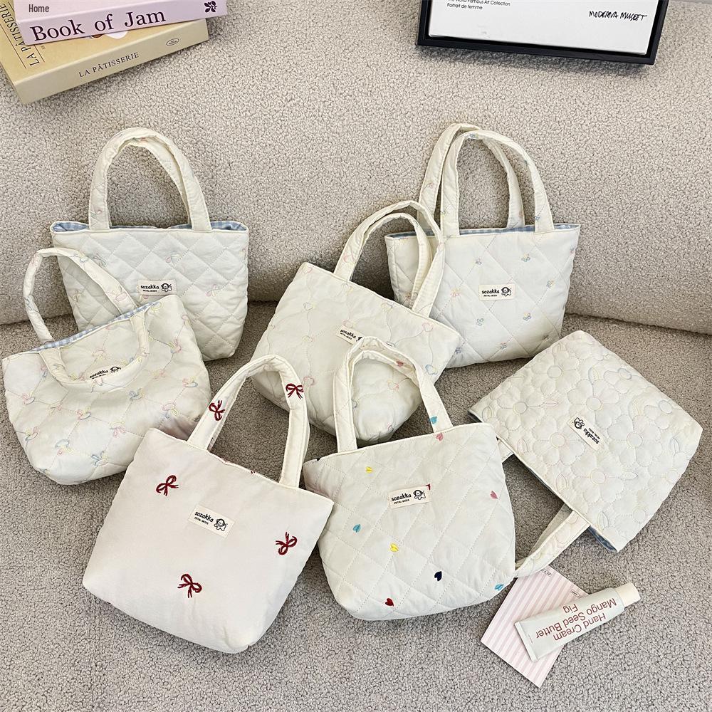 Korean Style Quilted Bow Embroidery Handheld Canvas Handbag for Women 2026 New