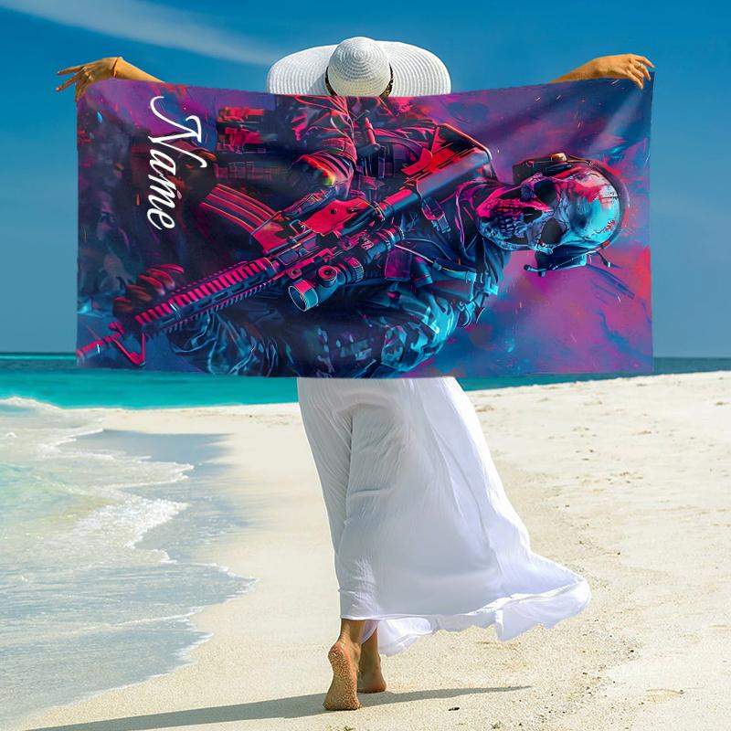 Personalized Cyberpunk Soldier Portrait Beach Towel Microfiber Beach Towel Thin Absorbent for Beach Swimming Yoga Bath Sports. 0910432