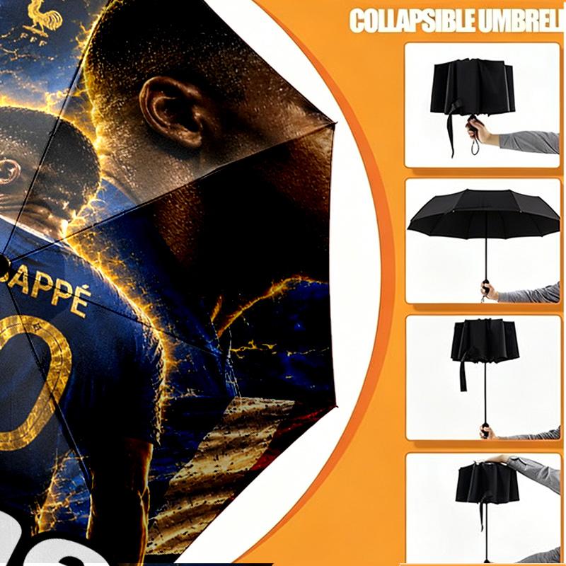 Custom Name Personalized Kylian Mbappe Print Umbrella, Auto Open Close, 8‑Rib Sturdy Frame, Commute Camping Hiking Use, Birthday Gift