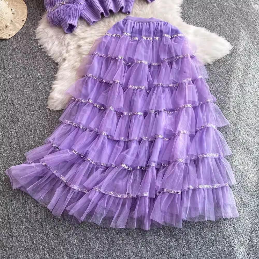 Autumn Winter Women Two Piece Set Small Fragrant V Neck Furry Knit Cardigan Sweater Coat And Sequined Cascading Mesh Long Skirt Suit