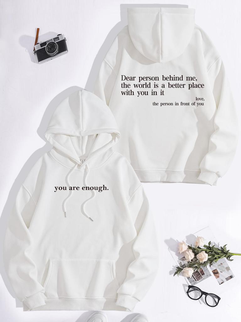 European Size Kangaroo Pocket 'You Are Enough' Hoodie - Autumn/Winter Long Sleeve Plus Velvet Sweatshirt