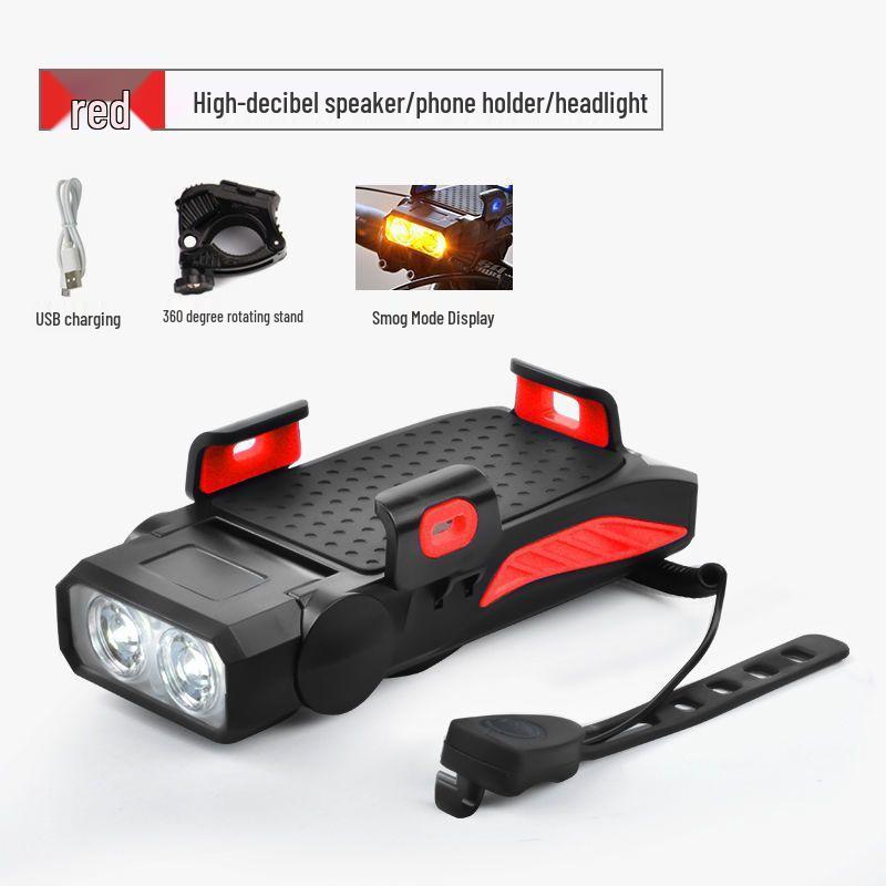 Luce Bicicletta ad Alta Luminosità: Supporto per Telefono Cellulare 4-in-1, Campanello, Fanale Posteriore e Anteriore con Ricarica USB per Ciclismo all'Aperto