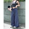 Blue Retro Gingham Early Autumn High Waist Loose Casual Pants