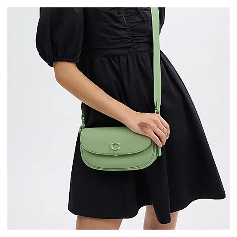 COACH Emmy 23 brand logo logo push lock closure cow leather saddle bag hand shoulder crossbody bag medium size women's light pistachio color