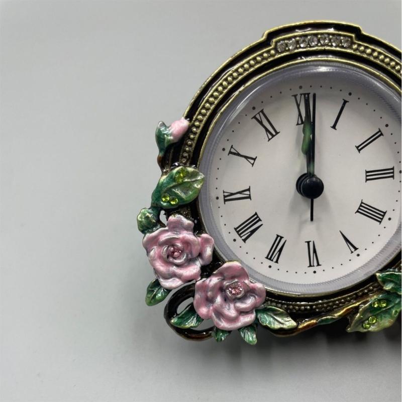 Mini Analog Table Clock Quiet Desk Clock Handpaint Metal Enamel Florals Battery Operated Clock for Shelf Bedroom Bedside