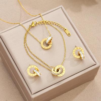 4Pcs/Set Stainless Steel Crystal Necklace Bracelet Earrings for Women Gold Color Interlocking Circles Roman Numbers Jewelry Sets