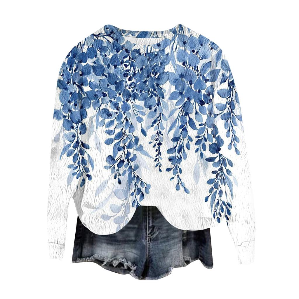Women's Fashion Round Neck Pullover Top Long Sleeve Tee Printed Sweatshirt