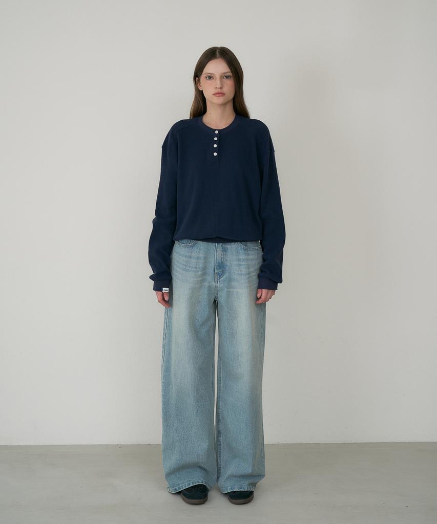 DEHEVE Check Henley-Neck Sweatshirt [Navy]