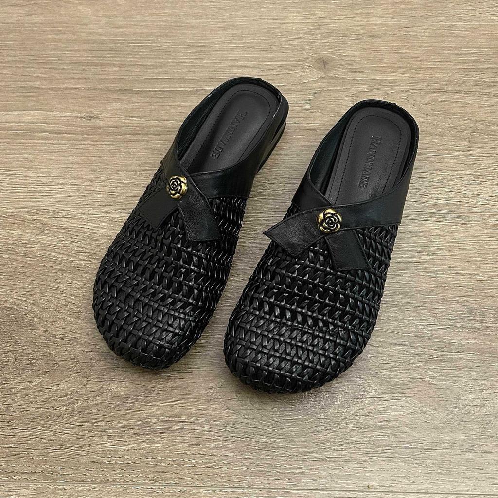 Sheepskin version~ Camellia leather slippers women's wear flat casual half slippers versatile lazy woven shoes