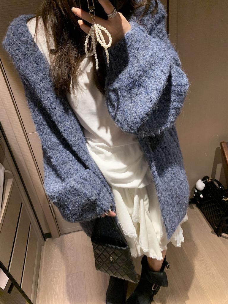 Cardigan pull en laine d'alpaga vintage pour femme Automne/Hiver Manches longues Tricot épais Style ample décontracté Haut