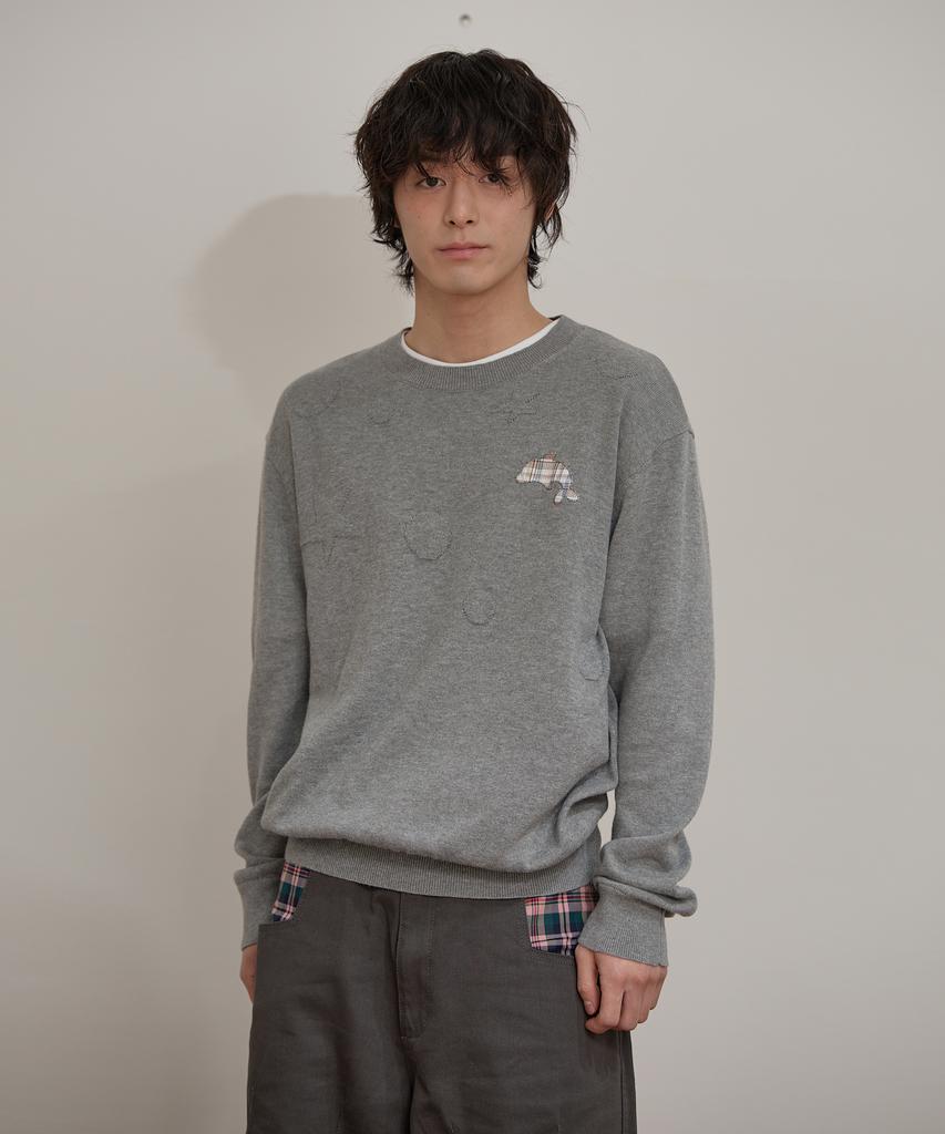 WAIKEI Dolphin Check Applique Crewneck Knit Gray