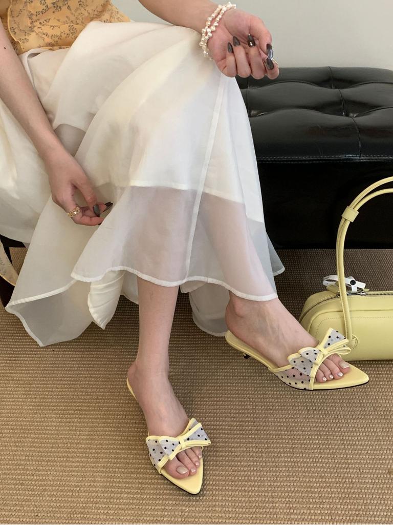 Fashion Elegant Mesh Polka Dot Bow Design Women Slippers Sexy Open Toe Kitten Heel Slide Sandals Fashion Pointed Toe Zapatos De Mujer